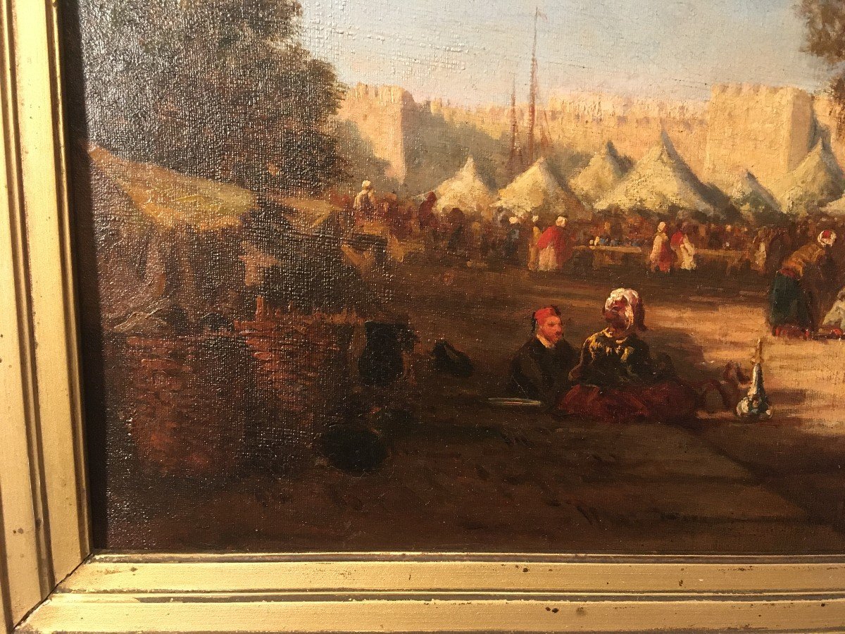 Grand Tableau Orientaliste Scène De Marché XIXème Vers 1830-1840-photo-3