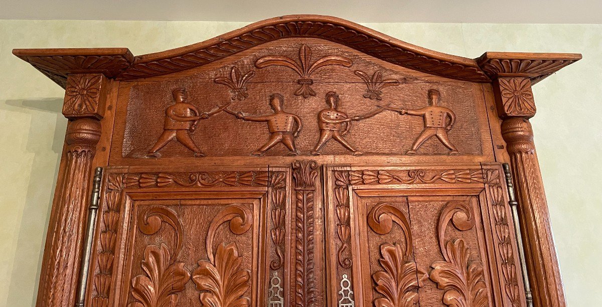 Small Buffet Carved From Sailors Fighting With Sword And Lily Flowers Folk Art XVIII-photo-4