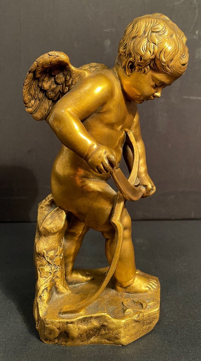 Small Gilt Bronze Statue Love Carving His Bow After Duquesnoy Fonte Thiébault-photo-4