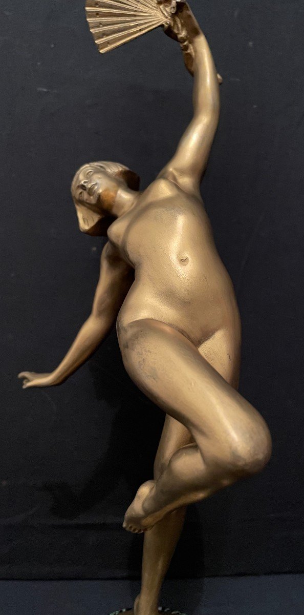 Bronze Art Déco Danseuse Nue à l'éventail Par Morante 1925-photo-2