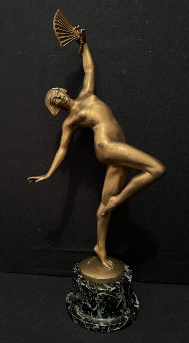 Bronze Art Déco Danseuse Nue à l'éventail Par Morante 1925