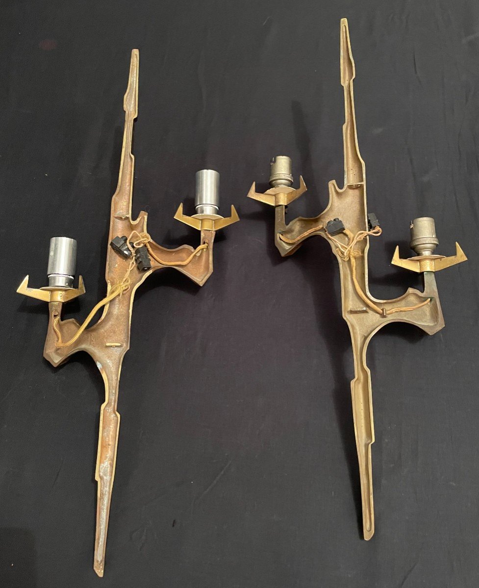 Arlus Pair Of Bronze Sconces After Agostini 1960-photo-8