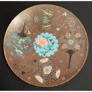 Japon Plat Émail Cloisonné Décor Éventails Fleurs et Papillon Époque Meiji Fin XIXème