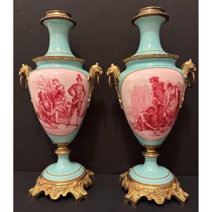 Pair Of Bronze Mounted Porcelain Oil Lamps In The Style Of Sèvres Nineteenth Century