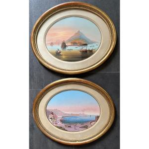 Paire De Gouaches Napolitaines Le Vésuve Et La Baie De Naples XIXème