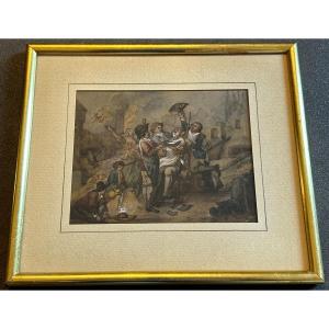 Gouache Watercolor The Siege Of Lille Or The Barber Maes After Watteau De Lille XIXth