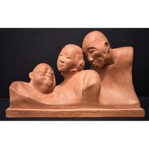 Terracotta The Conversation Or Three Chineses Discussing By Gaston Hauchecorne