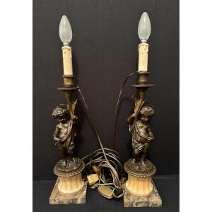 Paire De Bougeoirs Lampes Aux Putti Bronze époque Napoléon III XIXème