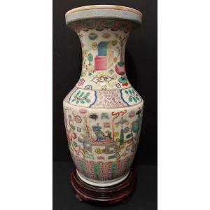 Chine Canton Vase En Porcelaine Décor Au Mobilier Et Animaux Fin XIXème