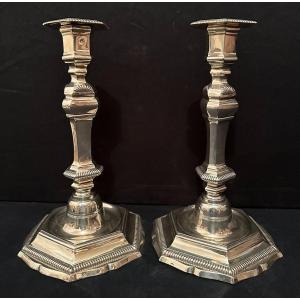 Pair Of Solid Silver Louis XIV Style Candlesticks By Hénin Et Cie In Paris
