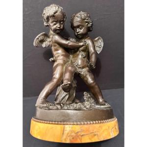 Bronze Bataille Pour l'Amour Ou Deux Cupidons Se Disputant Un Cœur Ardent d'Après Falconet 