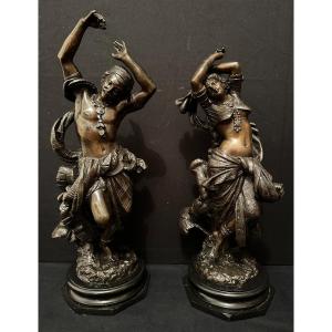Orientalist Bronzes Couple Of Indian Dancers By François Devaulx Around 1850