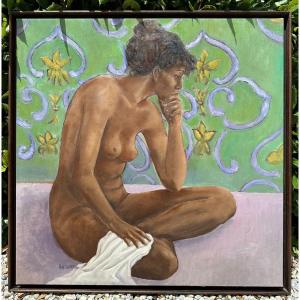 Tableau Jeune Femme Nue Par Jean- Pierre Ballagny 1991 Saint- Barthélemy Antilles