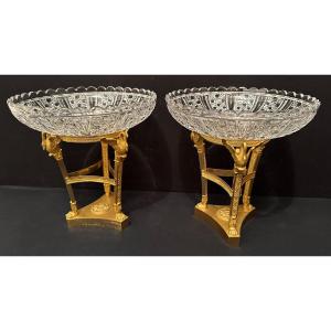 Thomire Pair Of Tazzas Cups With Swans Gilt Bronze And Crystal Empire Period