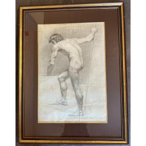 Large Drawing Study Academy Nude Man Graphite On Paper 19th Century