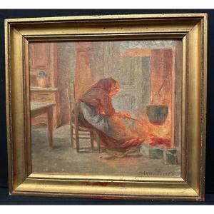 Painting Old Peasant Woman Cooking In Her Fireplace By Daniel Tixier