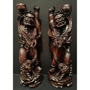 Chine Paire De Sculptures Bois  Immortels Et Tigres Dynastie Qing Fin XIXème 49 cm