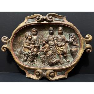 Adoration Of The Magi Polychrome Wood Panel Carved In High Relief Spain 17th Century