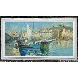 Grand Tableau Bateaux à Quai à Saint- Tropez Par Salomon Le Tropézien 100 x 50 cm