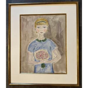 Watercolor Naive Painting Young Girl With Bouquet By Jacqueline Benoit