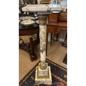 Small Column Stand White Breccia Marble Mounted In Bronze With Swivel Top, Napoleon III Period