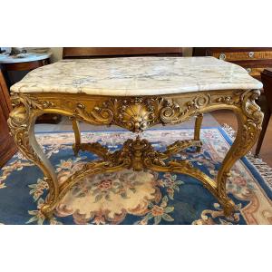 Table De Milieu Style Louis XV En Bois Doré Dessus Marbre époque Napoléon III