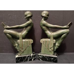 Max Le Verrier Pair Of Art Deco Bookends Nude Women Reading Relaxation Model Circa 1930