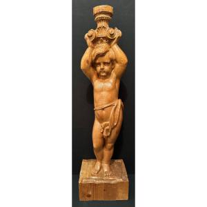 Statue Bois Sculpté Enfant Couronné Porte Chapiteau Corinthien Sapin XXème 87 Cm