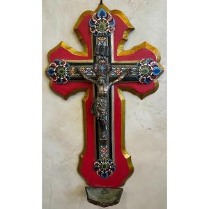 Large Christ In Enamelled Bronze Mounted On Wood, Late 19th Century, 50 Cm