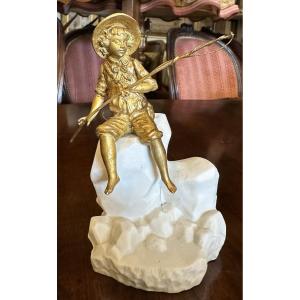 Young Fisherman Sculpture In Gilt Bronze On A Porcelain Rock By A Ouvet Circa 1900