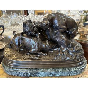 Bronze Three Dogs At The Burrow Or Rabbit Hunting By Pj Mêne Circa 1870