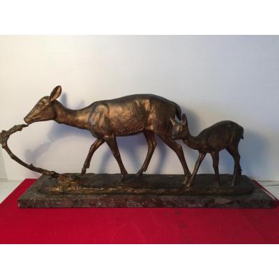 Bronze Biche And Its Fawn By Irénée Rochard