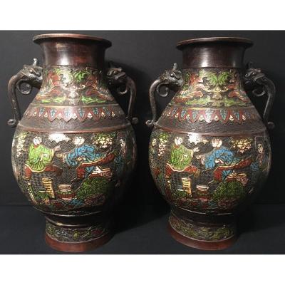 Pair Of Enamelled Bronze Vases Japan Nineteenth