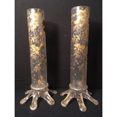 Pair Of Glass Vases With Clematis Vegetable Decor In Napoleon III Gilding