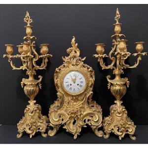 Important Fireplace Garnish Pendulum And Candelabra Louis XV Rocaille 72 Cm Napoleon III