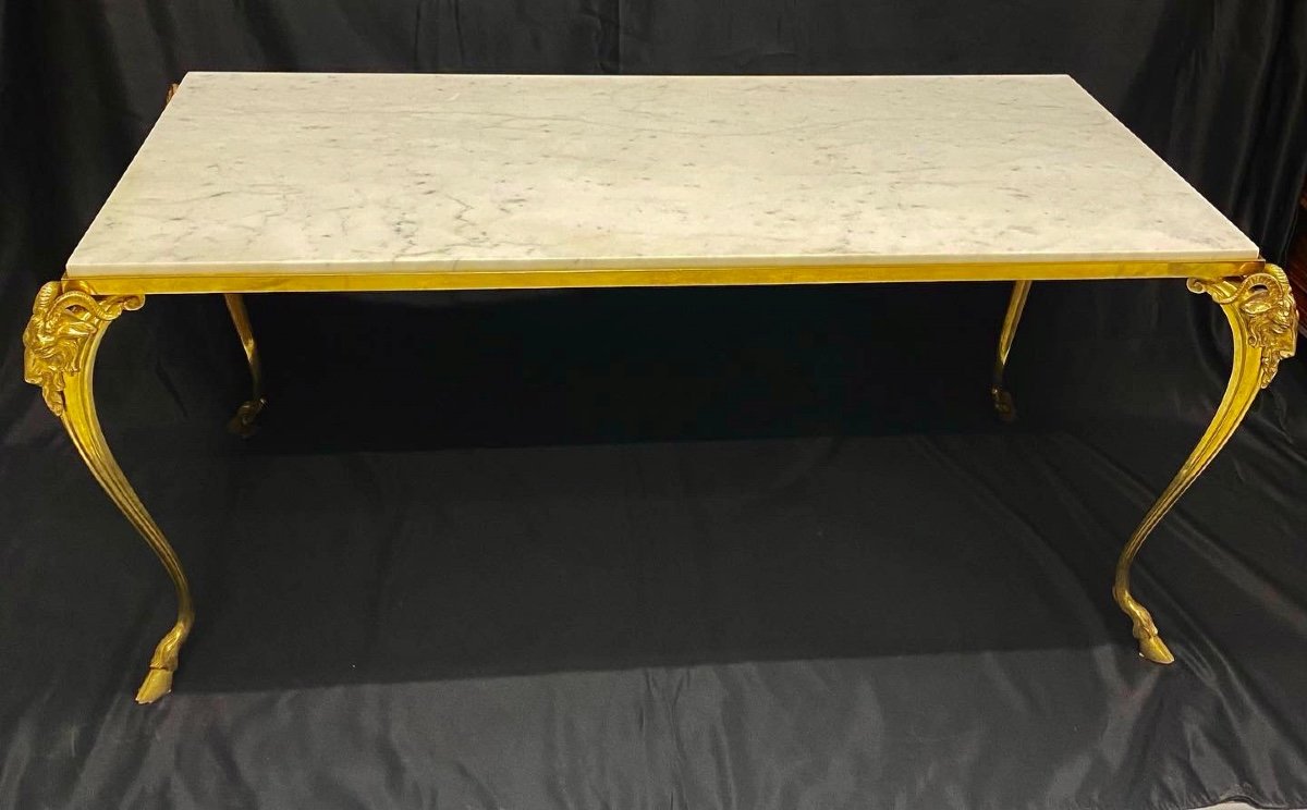 Bronze Coffee Table With Rams Heads And Hocks, White Carrara Marble Top.