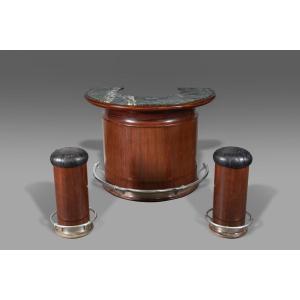 "round Art Deco Bar With Two Stools, Rosewood Veneer, 