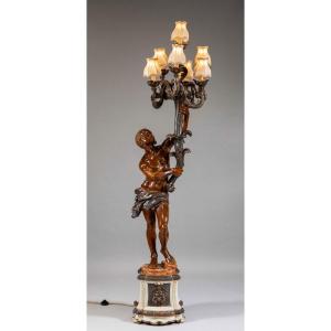 Large Electrified Torch Holder With Nubian Decor In Carved And Painted Wood