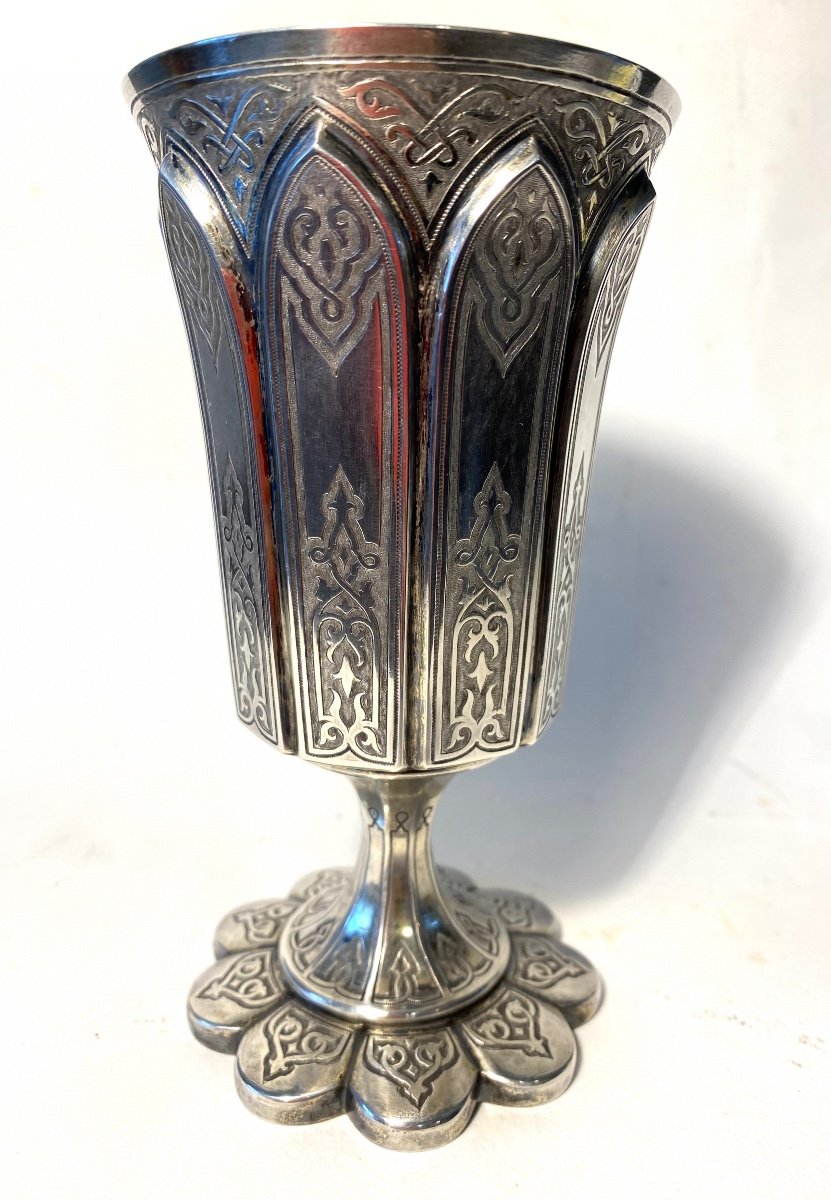 19th Century Russian Silverware. Cup On Pedestal. Sterling Silver 84. Stamped And Engraved Decor.-photo-2