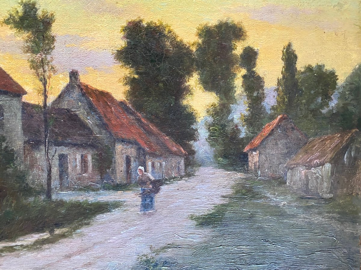 «Fin Du Jour Sur Un hameau ». Huile Sur Toile. école De Barbizon . XIXème. -photo-4