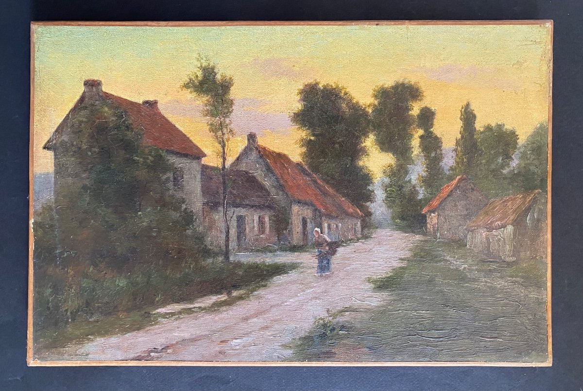 «Fin Du Jour Sur Un hameau ». Huile Sur Toile. école De Barbizon . XIXème. 