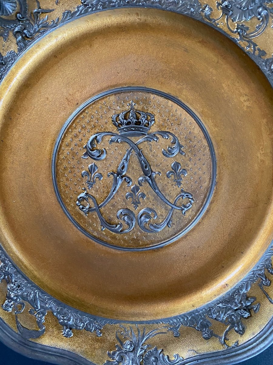 Jules Brateau. Rare Pewter Dish. Monogram Of Louis XV, Fleur-de-lys And Royal Crown.-photo-2