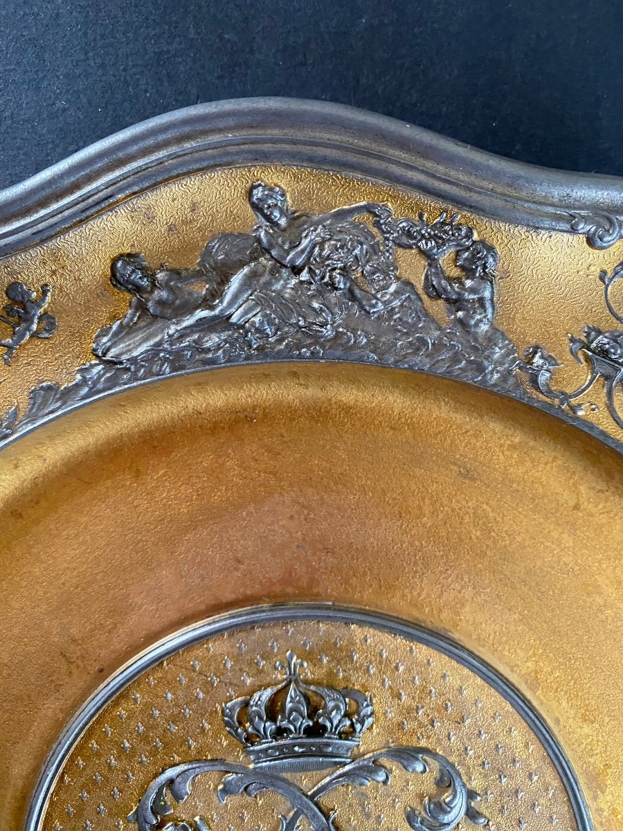 Jules Brateau. Rare Pewter Dish. Monogram Of Louis XV, Fleur-de-lys And Royal Crown.-photo-2