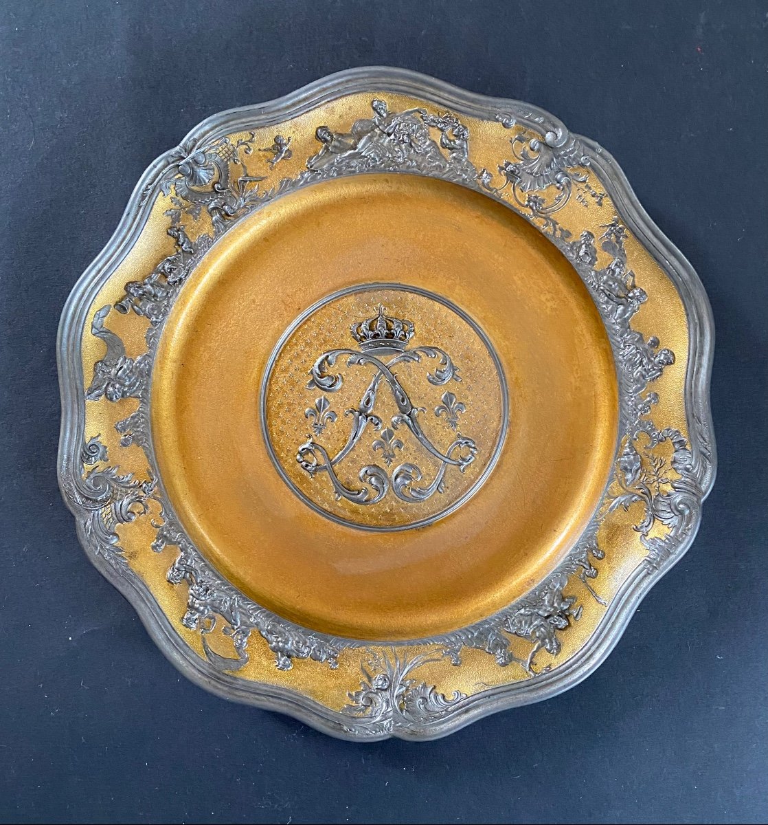 Jules Brateau. Rare Pewter Dish. Monogram Of Louis XV, Fleur-de-lys And Royal Crown.