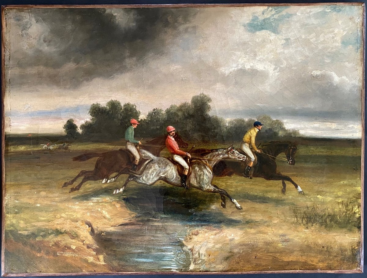 “ La Course De Chevaux Ou Le Derby”. Huile Sur Toile XIXème. Ecole française D’après Gericault.