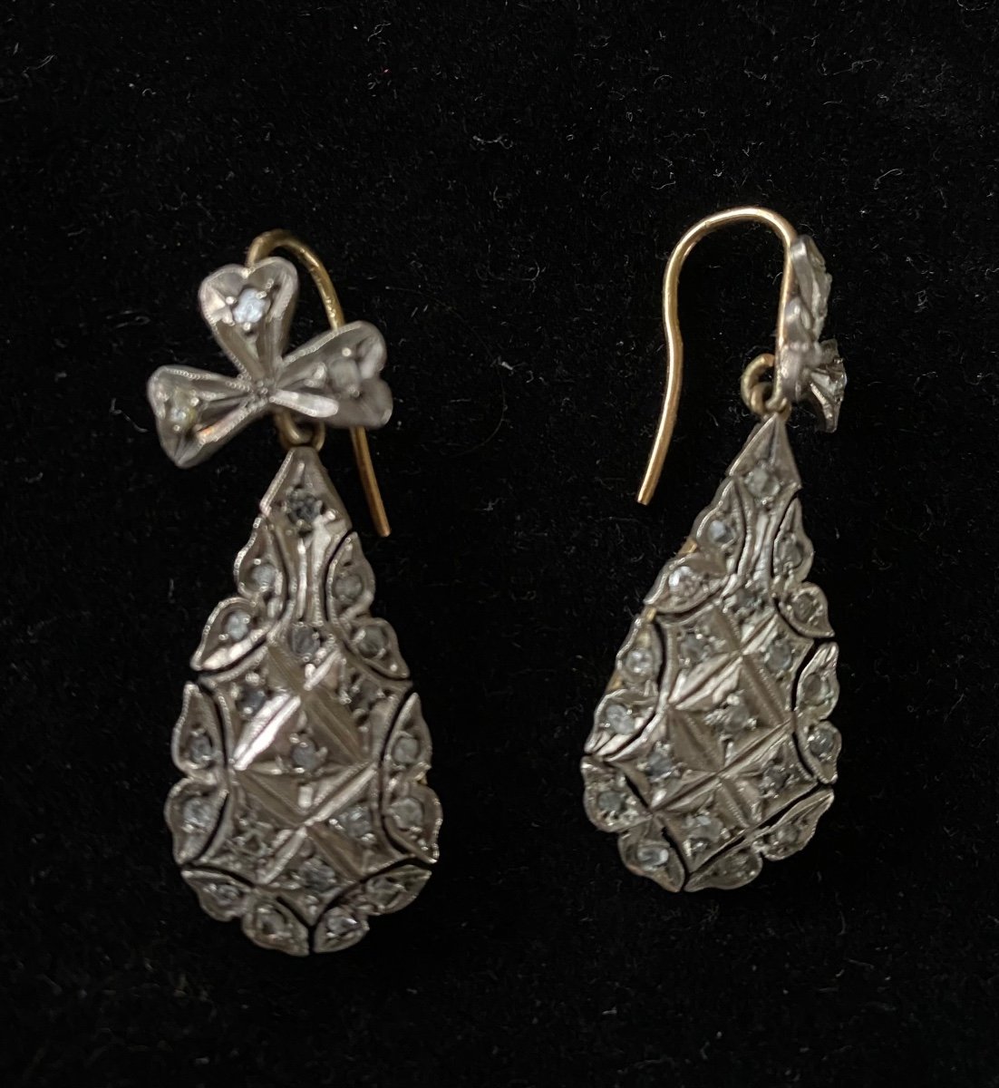 XIXth Earrings. Gold, Silver And Rhinestones. Clover Leaf.-photo-3