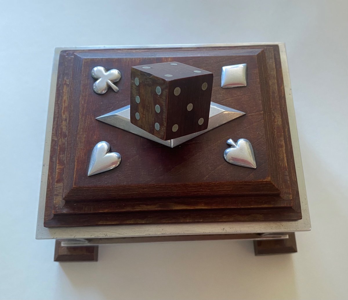 Art Deco Box For Playing Cards. Wood And Chromed Metal. Dice. Game. -photo-2