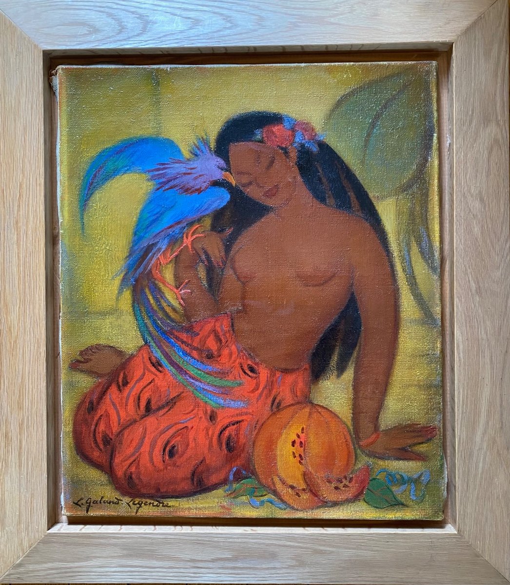 “polynesian Woman With  Blue Bird Of Paradise”. Oil On Canvas. Louise Galand-legendre.