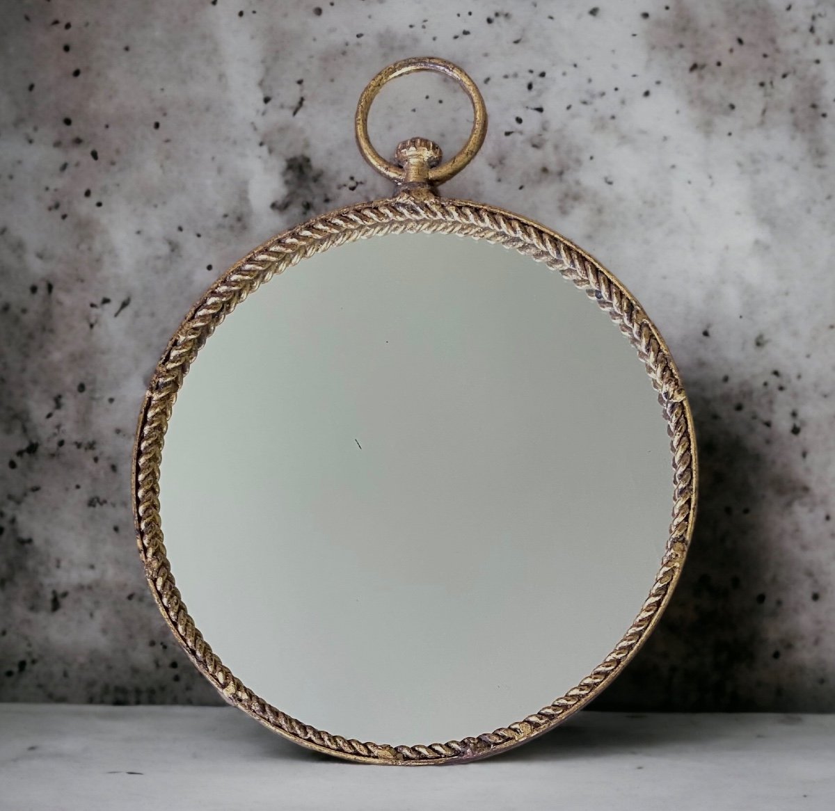 Circular Mirror In Golden And Patinated Metal. Cord Decoration. France 80s.