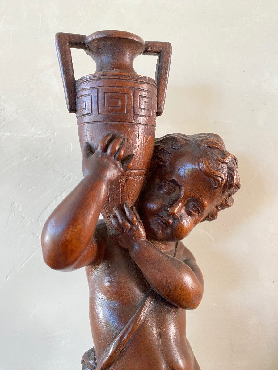 19th Century Wooden Sculpture. Child Carrying An Amphora.-photo-4